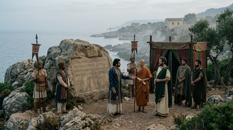Rock Edict XIII: Buddhist Diplomacy Reaches Mediterranean Shores - Historical illustration