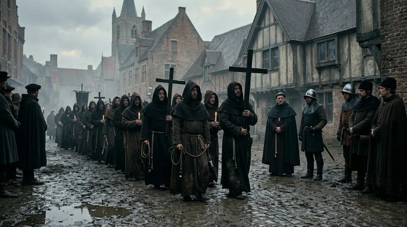 Low Countries Brotherhoods Created Regulated Flagellant Confraternities in 1370 - Historical illustration