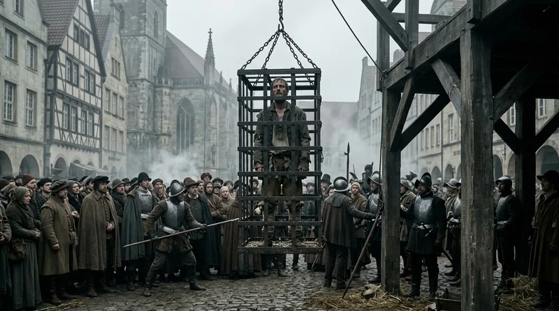 Jan van Leiden: The Anabaptist King Tortured to Death in a Cage - Historical illustration